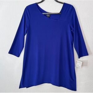 Clara‎ Sun Woo Tunic Sz S NEW Asymmetric Neckline Blue Career Lagenlook Art 3/4